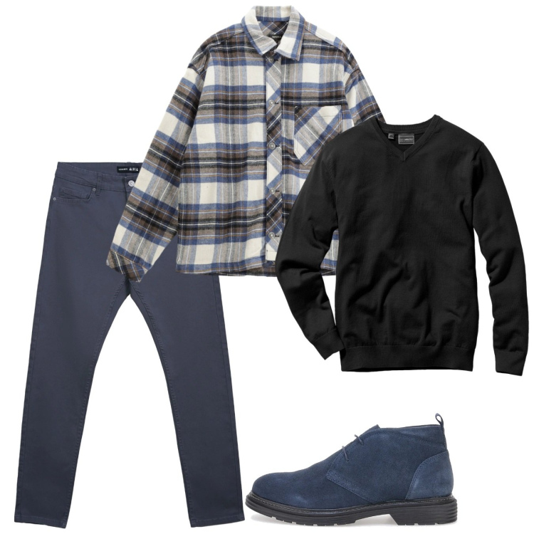 Outfit uomo - Febbraio. Stile Casual per Tutti i giorni. Abbinamento con maglieria, pantaloni skinny, camicie, scarpe stringate.