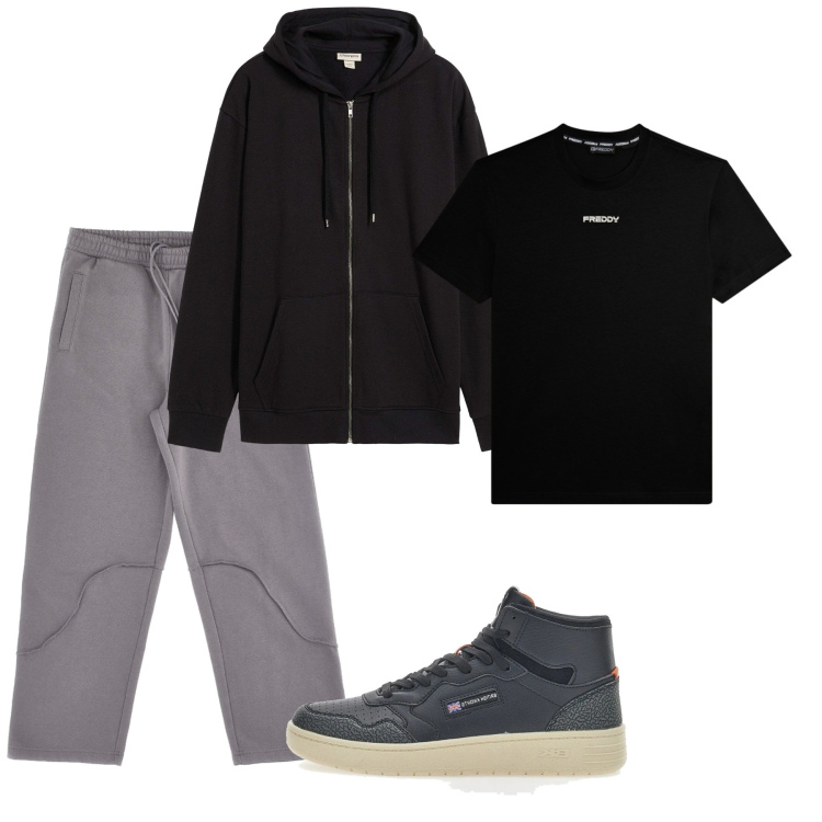 Outfit uomo - Febbraio. Stile Casual per Tutti i giorni. Abbinamento con felpe con cappuccio, t-shirt, pantaloni, sneakers.