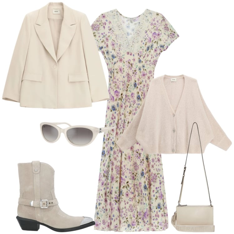 Outfit donna - Boho romantica ogni giorno. Stile Boho per Tutti i giorni. Abbinamento con stivaletti texani, vestiti midi/longuette, cardigans, blazer, occhiali da sole, borse a tracolla.