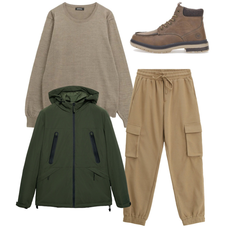 Outfit uomo - Total look. Stile Casual per Tutti i giorni. Abbinamento con giacche, maglieria, pantaloni cargo, stivali e stivaletti.