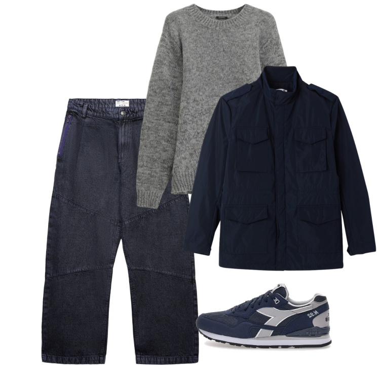 Outfit uomo - Febbraio. Stile Casual per Tutti i giorni. Abbinamento con jeans dritti, giacche, maglieria, sneakers.