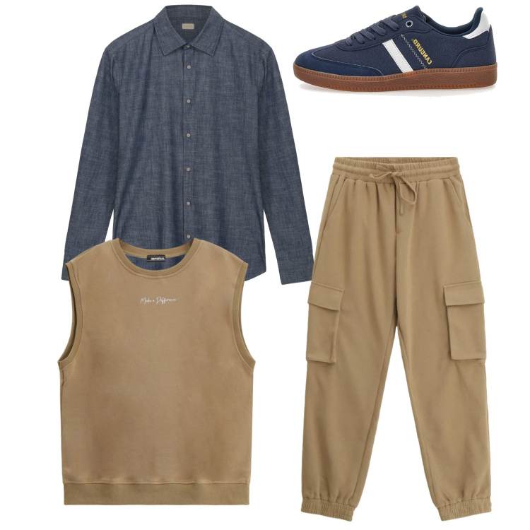 Outfit uomo - Total look. Stile Urban per Tutti i giorni. Abbinamento con canottiere, pantaloni cargo, camicie, sneakers.