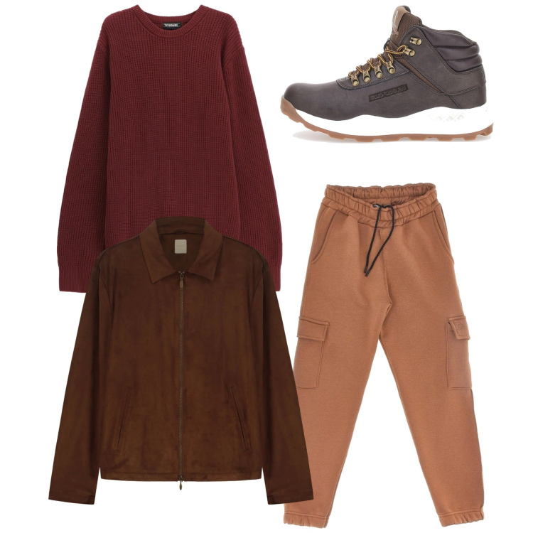 Outfit uomo - Total look. Stile Casual per Tutti i giorni. Abbinamento con maglieria, giacche, pantaloni cargo, stivali e stivaletti.