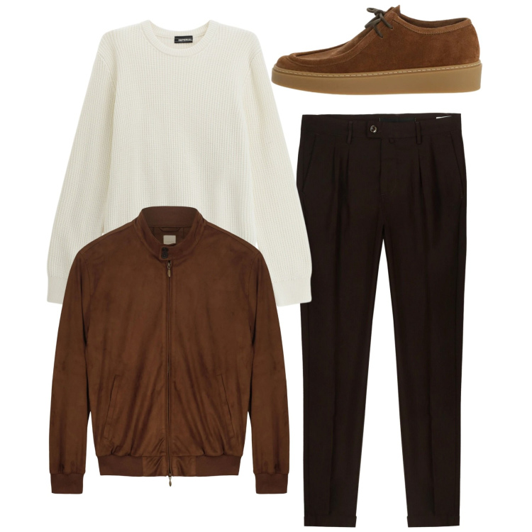 Outfit uomo - Total look. Stile Casual per Tutti i giorni. Abbinamento con maglieria, scarpe stringate, giacche, pantaloni.