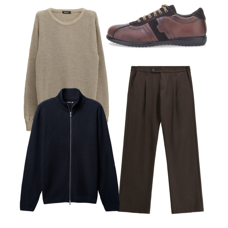 Outfit uomo - Total look. Stile Casual per Tutti i giorni. Abbinamento con pantaloni, maglieria, scarpe stringate, cardigans.