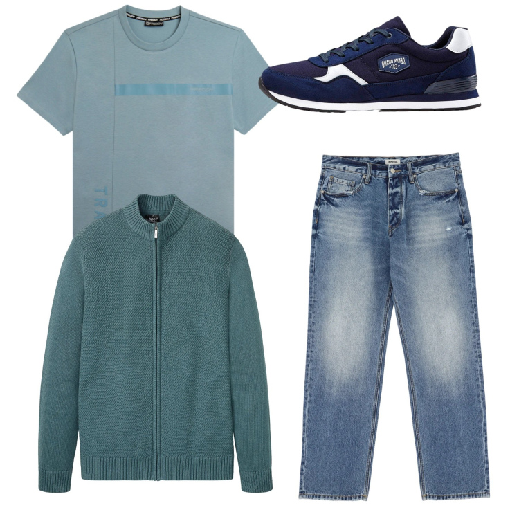 Outfit uomo - Total look. Stile Casual per Tutti i giorni. Abbinamento con sneakers, cardigans, jeans, t-shirt.