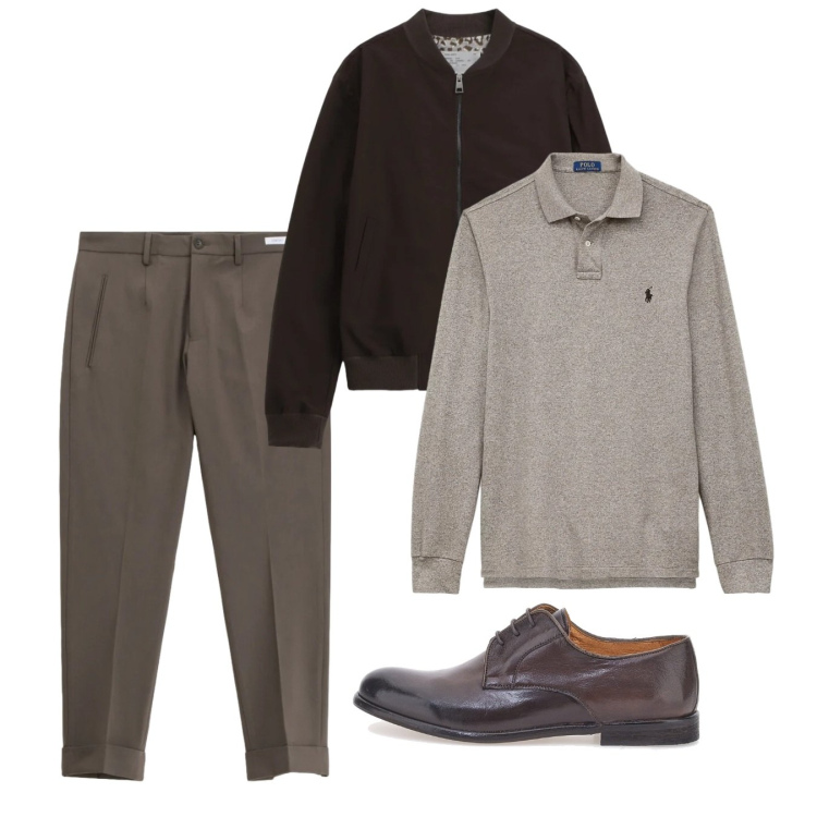 Outfit uomo - Febbraio. Stile Casual per Tutti i giorni. Abbinamento con bomber, pantaloni, polo, scarpe stringate.