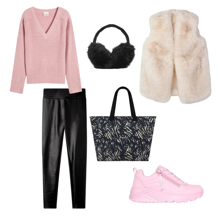 Outfit donna - Cozy chic. Stile Casual chic per Tutti i giorni. Abbinamento con maglieria, leggings, cappelli, piumini, shopping bag, sneakers alte.