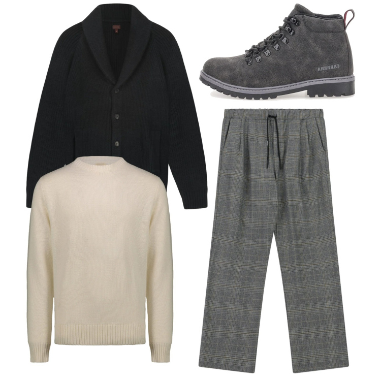 Outfit uomo - Total look. Stile Casual per Tutti i giorni. Abbinamento con pantaloni, maglieria, anfibi, cardigans.