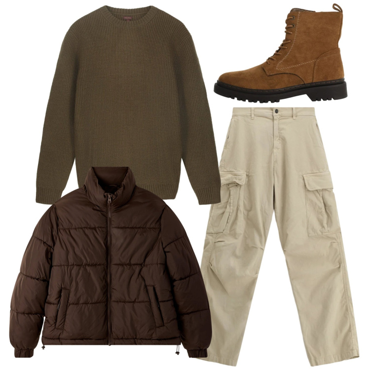 Outfit uomo - Total look. Stile Casual per Tutti i giorni. Abbinamento con bomber, pantaloni cargo, anfibi, maglieria.