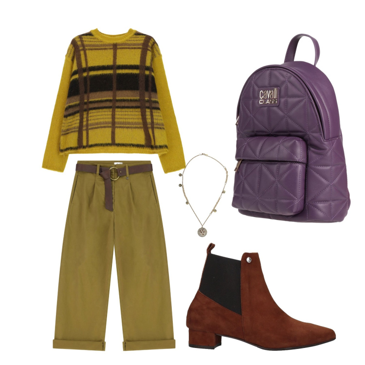 Outfit donna - Senape e pane tostato. Stile Glamour per Tutti i giorni. Abbinamento con stivaletti chelsea, zaini, maglieria, pantaloni, ciondoli.