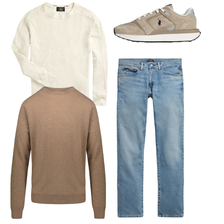 Outfit uomo - Total primavera. Stile Casual per Tutti i giorni. Abbinamento con maglieria, jeans, sneakers, maglieria.