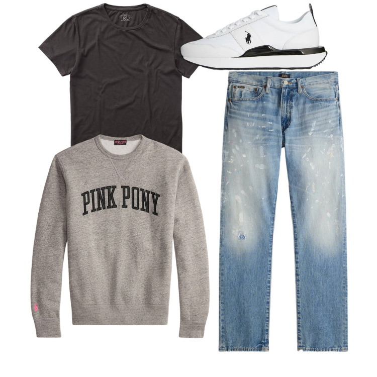 Outfit uomo - Total febbraio. Stile Casual per Tutti i giorni. Abbinamento con t-shirt, felpe, jeans dritti, sneakers.