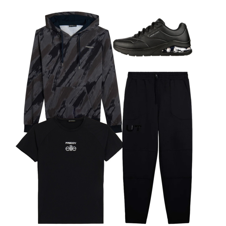 Outfit uomo - Total Freddy. Stile Casual per Tutti i giorni. Abbinamento con pantaloni, t-shirt, felpe con cappuccio, sneakers.