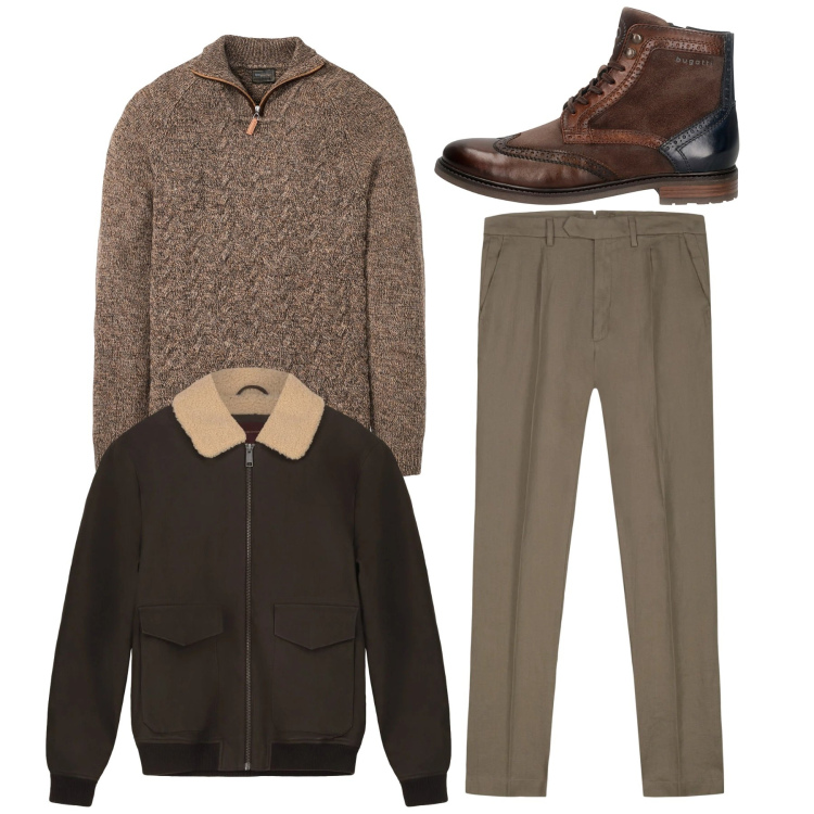 Outfit uomo - Total cold. Stile Casual per Tutti i giorni. Abbinamento con maglieria, anfibi, pantaloni, bomber.