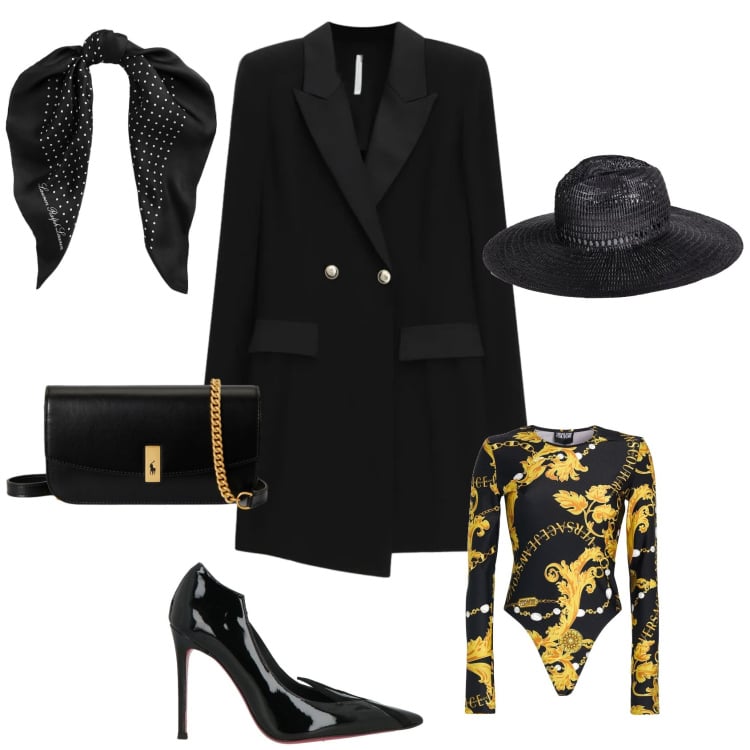 Outfit donna - Chic serata evento speciale. Stile Chic per Serata fuori. Abbinamento con cappelli, décolleté, body, vestiti corti, foulard, clutch.