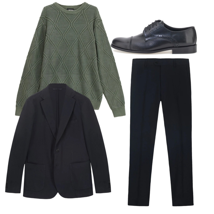 Outfit uomo - Total trendy. Stile Casual per Serata speciale. Abbinamento con maglieria, giacche, scarpe stringate, pantaloni.