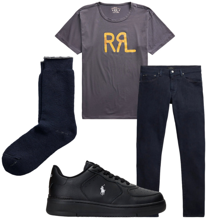 Outfit uomo - Total look #2338657. Stile Casual per Tutti i giorni. Abbinamento con t-shirt, sneakers, calzini, jeans.