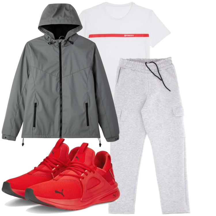 Outfit uomo - Total look #2338659. Stile Trendy per Sport. Abbinamento con giacche sportive, t-shirt, pantaloni cargo, sneakers.