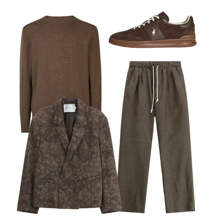 Outfit uomo - Total brown. Stile Trendy per Tutti i giorni. Abbinamento con pantaloni, giacche, sneakers, maglieria.
