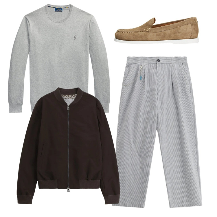 Outfit uomo - Total look. Stile Casual per Tutti i giorni. Abbinamento con pantaloni, bomber, maglieria, scarpe stringate.