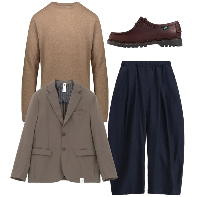Outfit uomo - Total look. Stile Casual per Tutti i giorni. Abbinamento con pantaloni, giacche, scarpe stringate, maglieria.