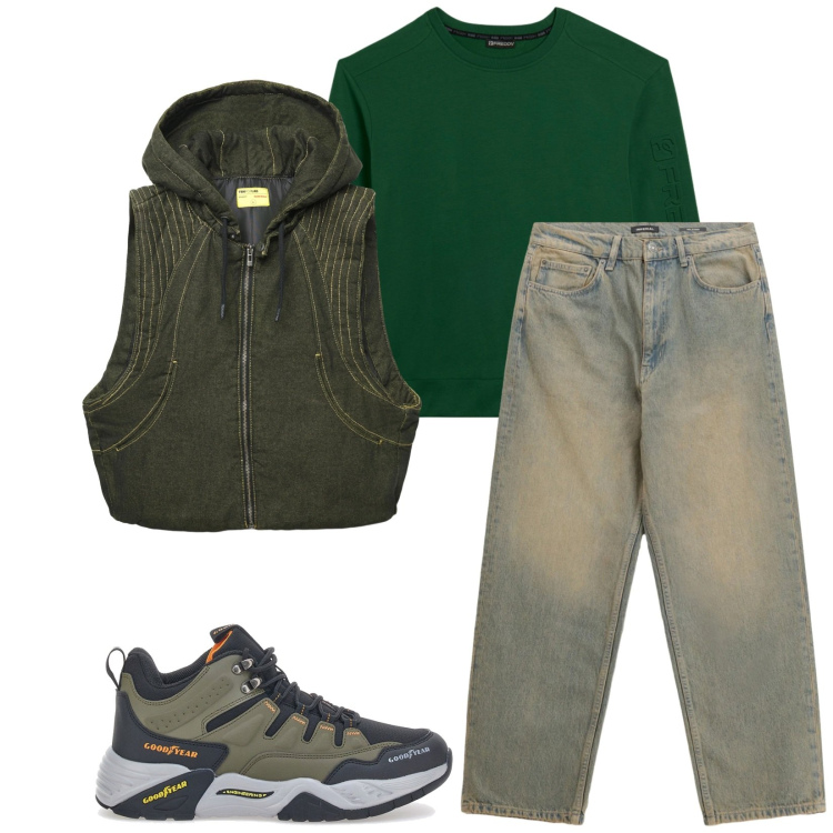 Outfit uomo - Total look #2338670. Stile Trendy per Tutti i giorni. Abbinamento con gilet, jeans, felpe, sneakers.