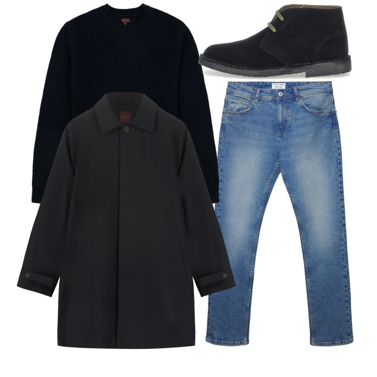 Outfit uomo - Total winter. Stile Casual per Tutti i giorni. Abbinamento con jeans dritti, parka, maglieria, stivali e stivaletti.
