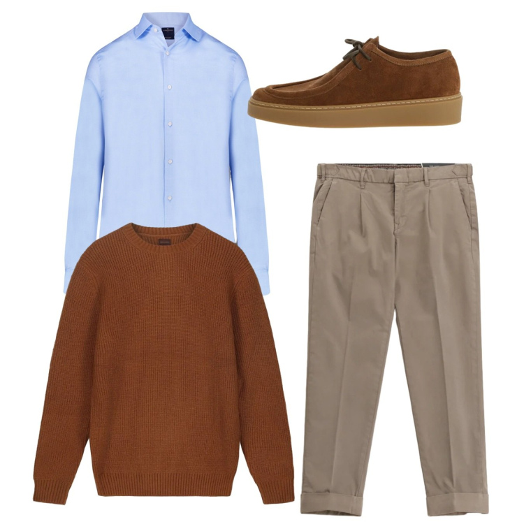 Outfit uomo - Total look. Stile Casual per Tutti i giorni. Abbinamento con pantaloni chino, scarpe stringate, camicie, maglieria.