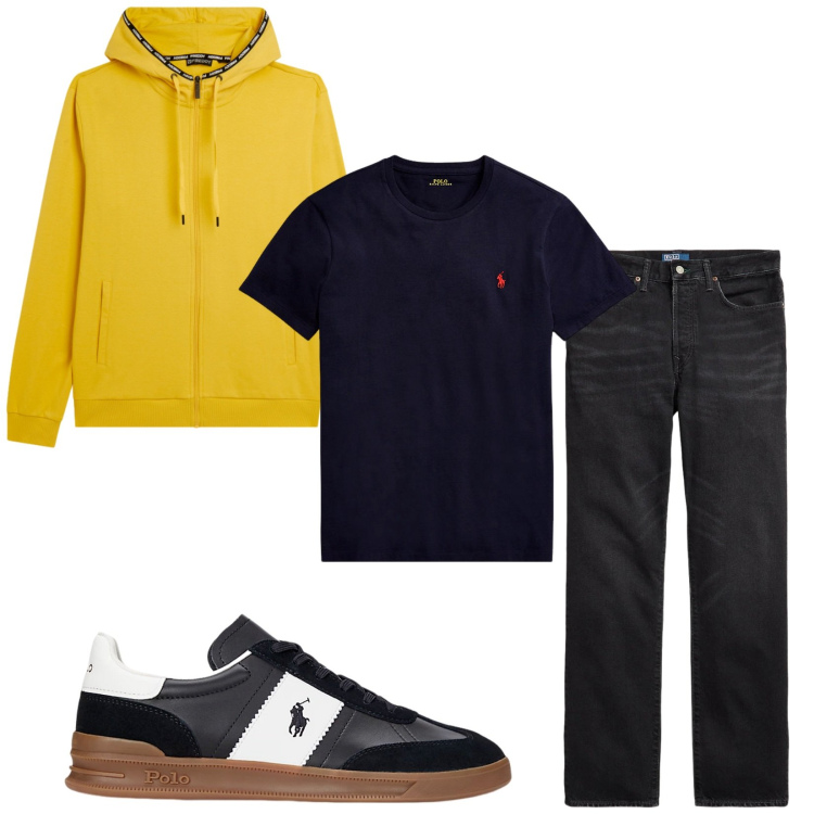 Outfit uomo - Total look #2338681. Stile Casual per Tutti i giorni. Abbinamento con felpe con cappuccio, t-shirt, sneakers, jeans dritti.