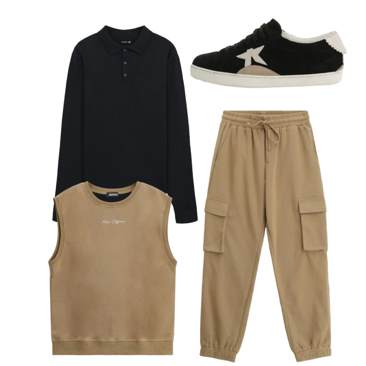 Outfit uomo - Total look. Stile Casual per Tutti i giorni. Abbinamento con polo, canottiere, pantaloni cargo, sneakers.