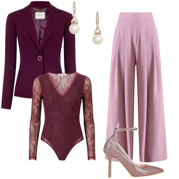 Outfit donna - Total look #2338684. Stile Glamour per Cerimonia. Abbinamento con décolleté, blazer, pantaloni a palazzo, bluse, orecchini.