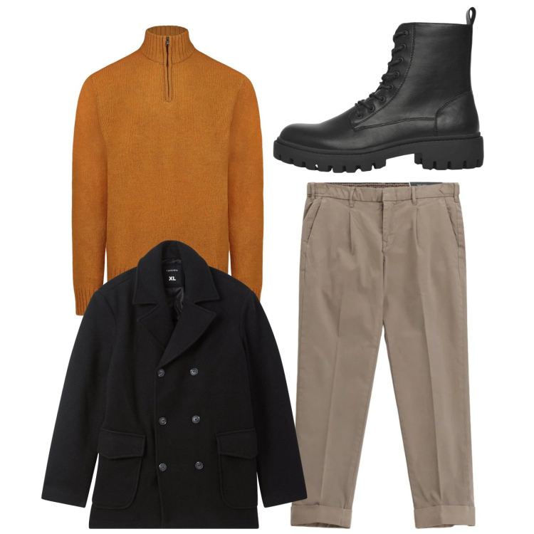 Outfit uomo - Total look. Stile Casual per Tutti i giorni. Abbinamento con anfibi, caban, pantaloni chino, maglieria.