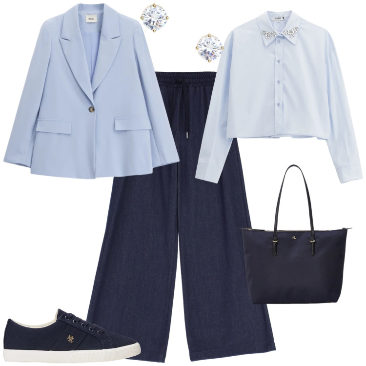 Outfit donna - Trendy ufficio tempo libero. Stile Trendy per Tutti i giorni. Abbinamento con blazer, jeans, camicie, borse tote, sneakers, orecchini.