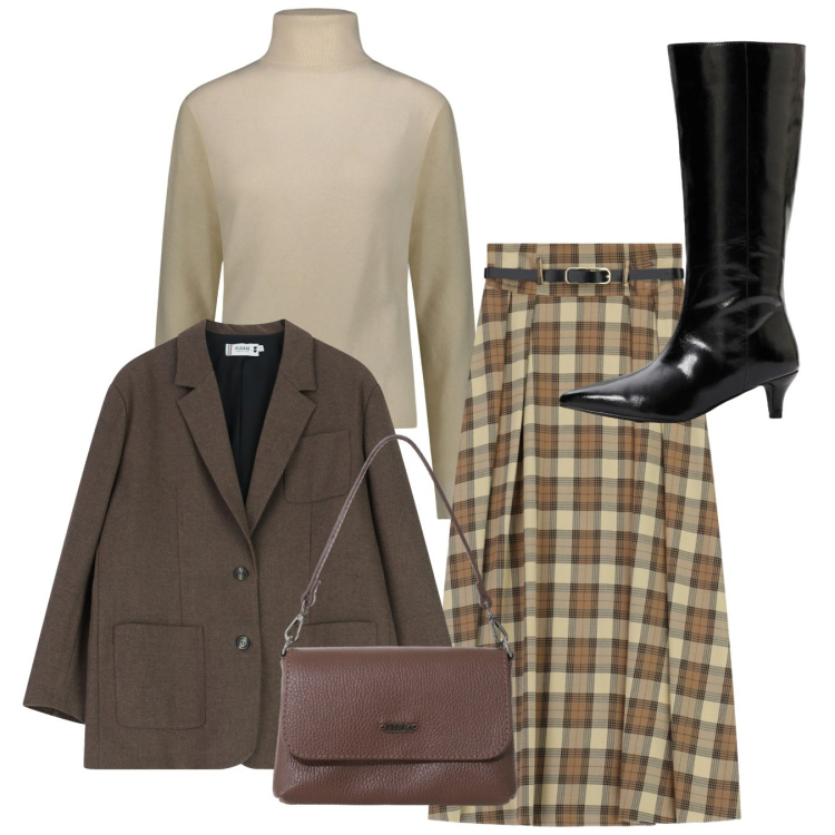 Outfit donna - Tartan al polpaccio. Stile Bon Ton per Tutti i giorni. Abbinamento con stivali, gonne lunghe, borse a tracolla, blazer, maglieria.