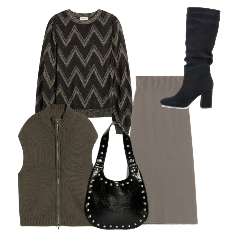 Outfit donna - Total eleganza. Stile Chic per Tutti i giorni. Abbinamento con maglieria, maglieria, gonne lunghe, borse a spalla, stivali sopra il ginocchio.