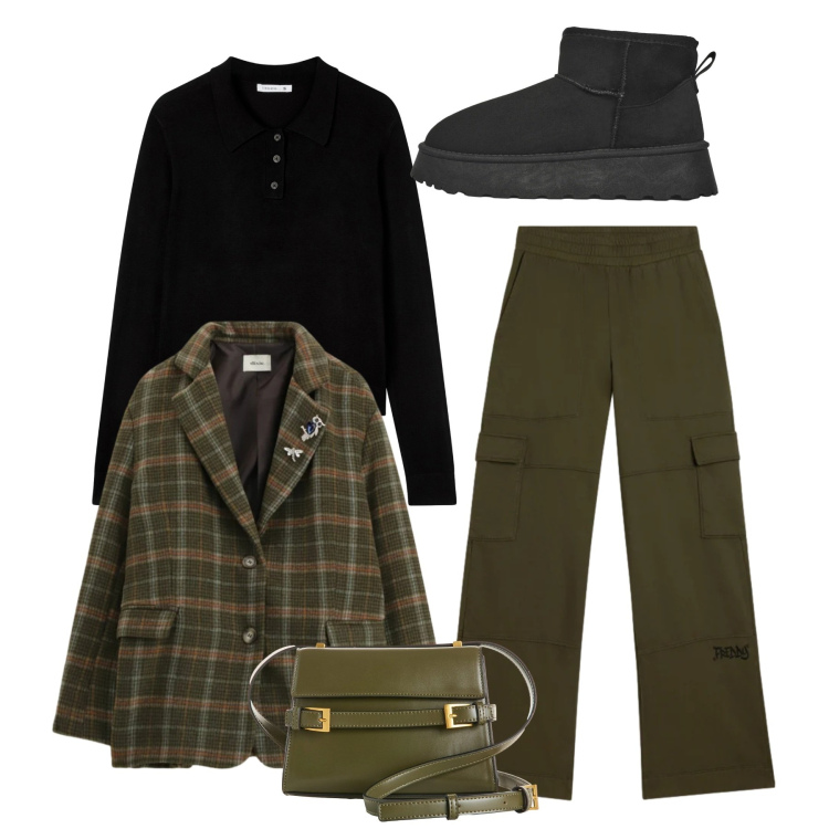 Outfit donna - Total preppy. Stile Preppy per Tutti i giorni. Abbinamento con borse a tracolla, polo, stivaletti, blazer, pantaloni cargo.