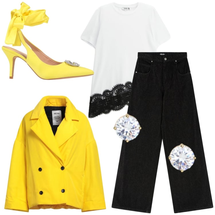 Outfit donna - Total look #2338716. Stile Casual chic per Serata fuori. Abbinamento con caban, décolleté, pantaloni a palazzo, t-shirt, orecchini.