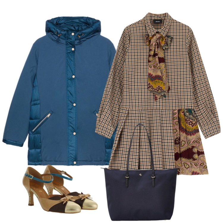 Outfit donna - Graziosa in abito tartan. Stile Chic per Tutti i giorni. Abbinamento con piumini, décolleté, vestiti, borse tote.