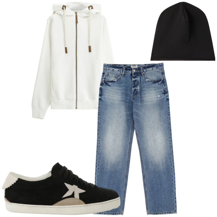 Outfit uomo - Total look #2338718. Stile Trendy per Tutti i giorni. Abbinamento con berretti, felpe con cappuccio, jeans, sneakers.