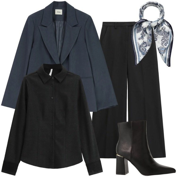 Outfit donna - Total look #2338721. Stile Mannish per Ufficio. Abbinamento con foulard, camicie, stivaletti, pantaloni, blazer.
