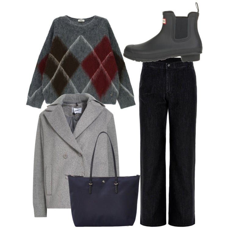 Outfit donna - Rombi. Stile Bon Ton per Tutti i giorni. Abbinamento con caban, stivaletti, maglieria, jeans, borse tote.