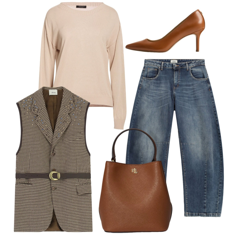 Outfit donna - Tocchi chic. Stile Casual chic per Tutti i giorni. Abbinamento con pullovers, jeans, gilet, décolleté, borse a secchiello.