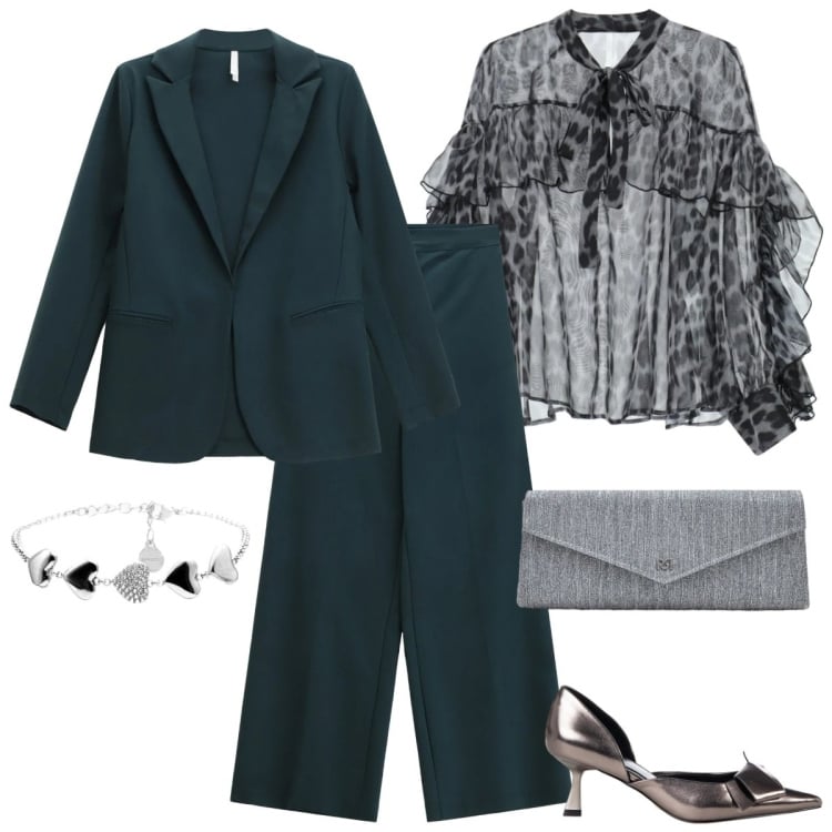 Outfit donna - Total look #2338724. Stile Sexy per Serata fuori. Abbinamento con blazer, pantaloni a palazzo, bluse, décolleté, pochette, braccialetti.