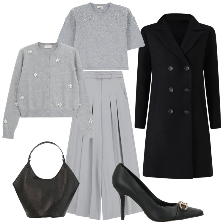 Outfit donna - Dolcezza grigio perla. Stile Glamour per Serata fuori. Abbinamento con décolleté, pantaloni a palazzo, borse a spalla, maglieria, cardigans, cappotti.