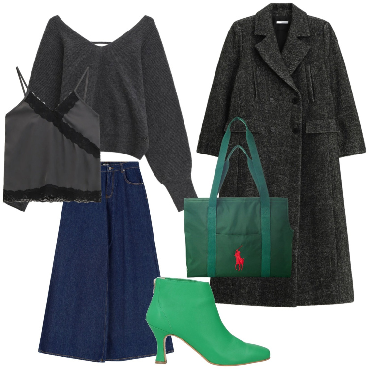 Outfit donna - Evergreen. Stile Casual chic per Ufficio. Abbinamento con stivaletti, cappotti, borse tote, maglieria, top, jeans.