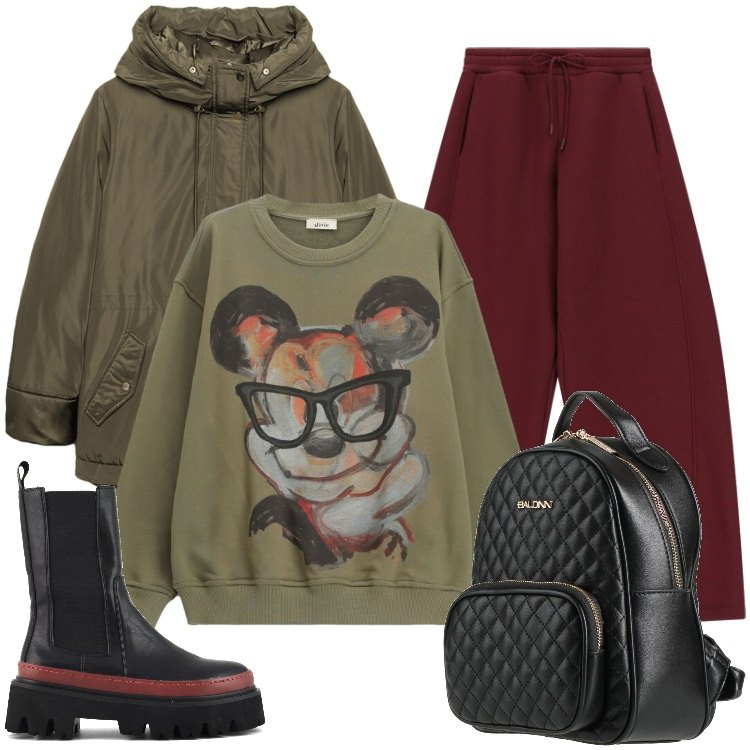 Outfit donna - Total look #2338730. Stile Urban per Ufficio. Abbinamento con zaini, pantaloni a palazzo, eskimo, felpe, stivaletti chelsea.