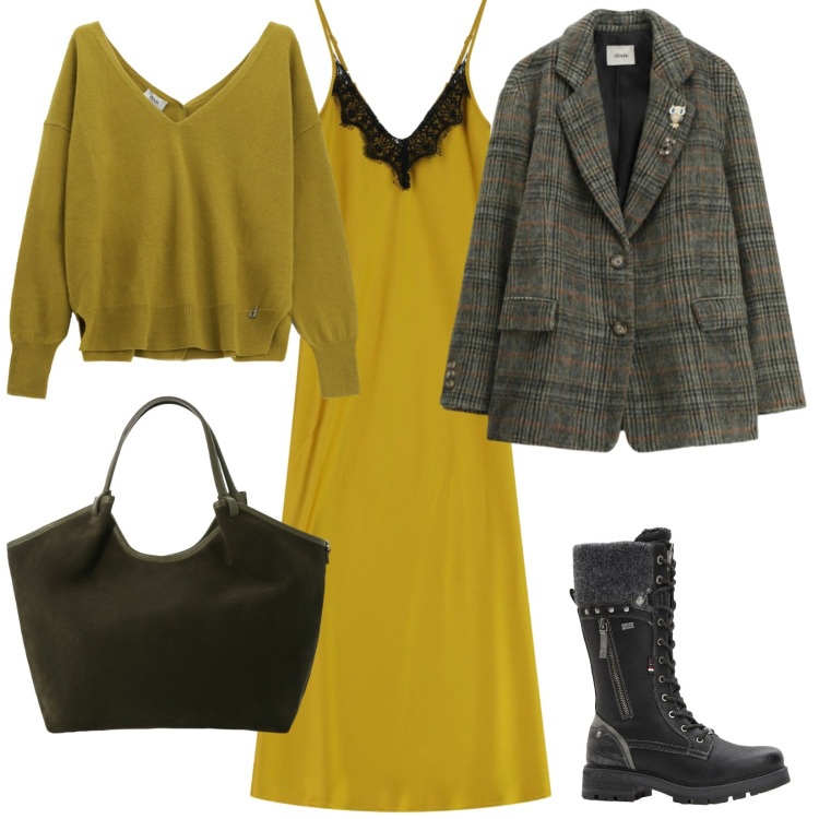 Outfit donna - Senape. Stile Casual chic per Tutti i giorni. Abbinamento con stivali, vestiti lunghi, maglieria, cappotti, blazer.