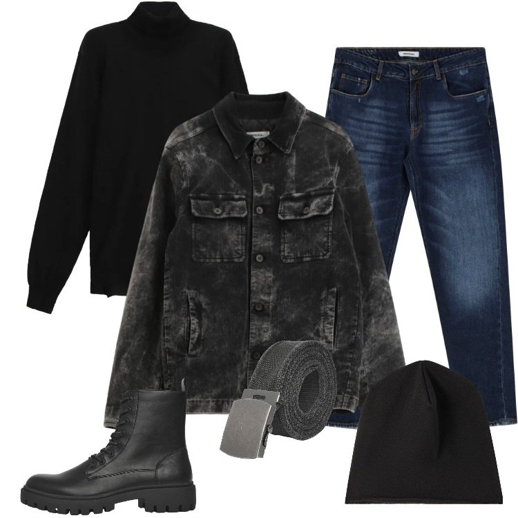 Outfit uomo - Total look #2338732. Stile Urban per Tutti i giorni. Abbinamento con jeans dritti, maglieria, cappotti, anfibi, cinture, berretti.