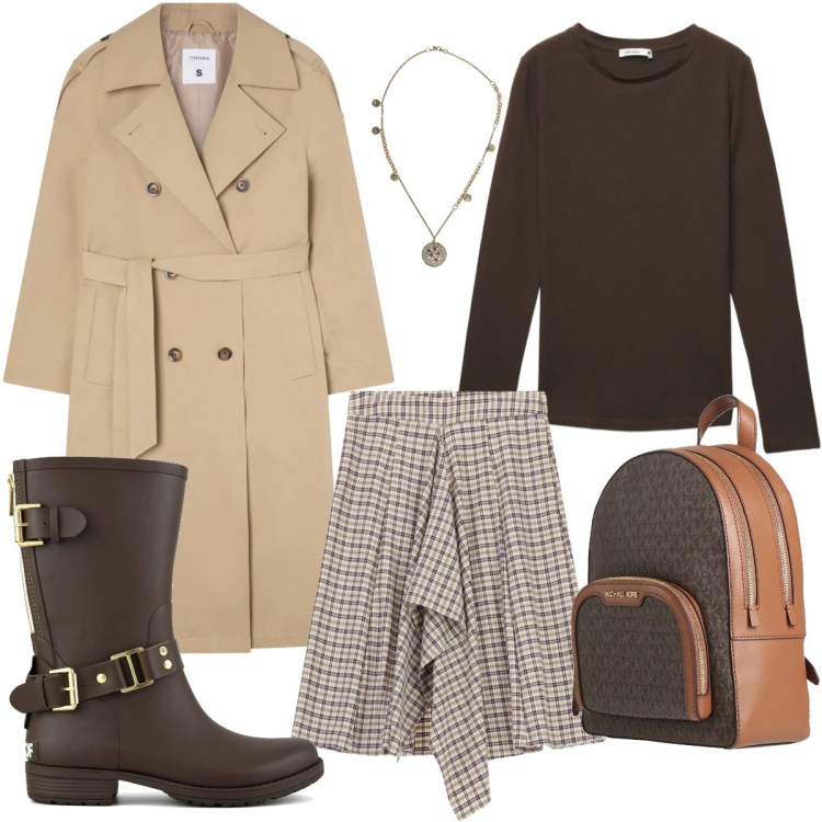 Outfit donna - Il dettaglio del tartan. Stile Trendy per Tutti i giorni. Abbinamento con zaini, t-shirt, trench, ciondoli, gonne longuette, stivali.